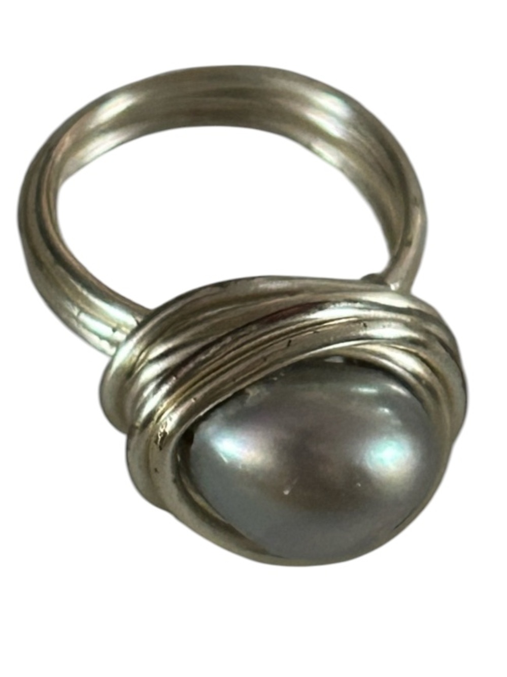 Gray Mabe Pearl Silver Wire Wrapped Ring